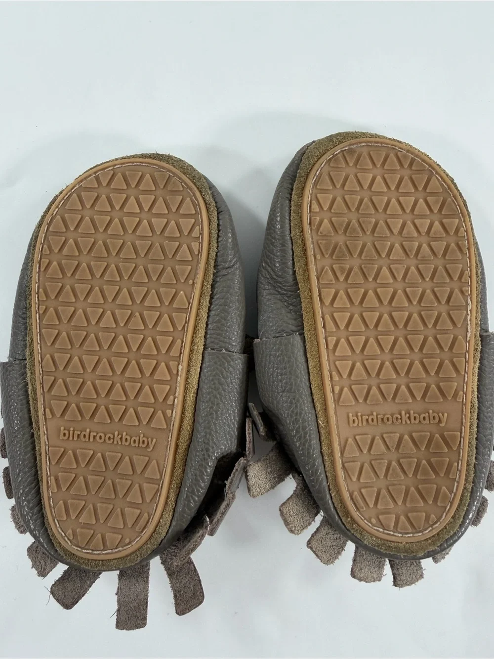 BirdRock Baby Gray Leather Fringe Moccasins Soft Sole Crib Shoes US 6.5
